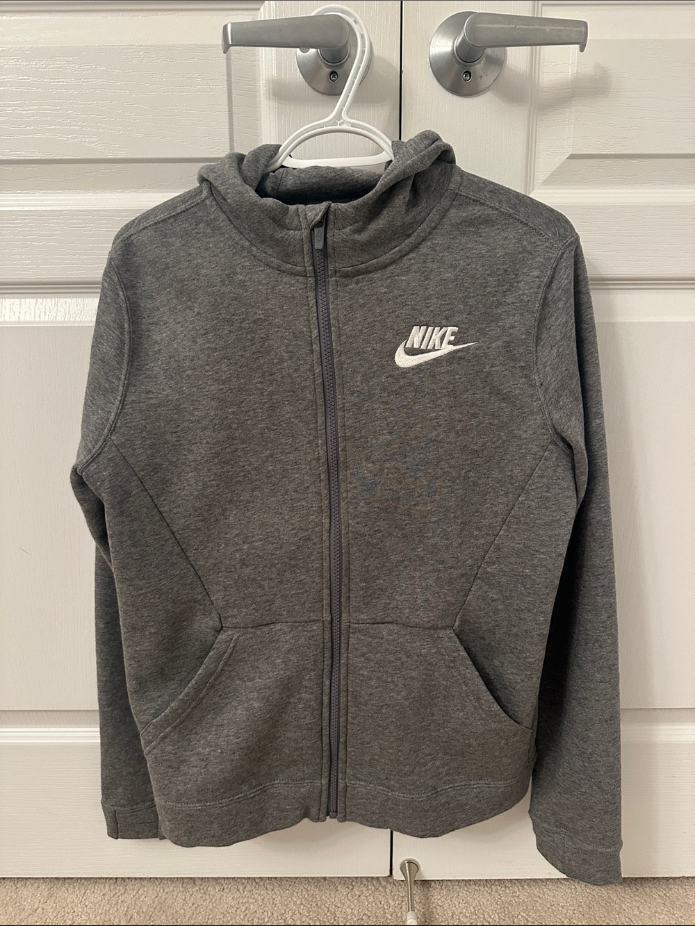 Nike Kids Gray Full-Zip Hooded Sweatshirt with White Logo (NEVER WORN)